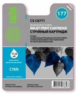 (3330621) Картридж струйный Cactus CS-C8771 голубой для №177 HP PhotoSmart 3213/ 3313/ 8253/ C5183/ C6183 (11,4ml) - фото 13300