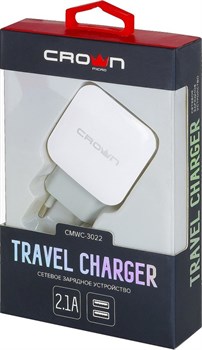 (1020073) Сетевое универсальное зарядное устройство Crown CMWC-3022; два порта зарядки; входное напряжение 100-240В; выходной ток USB1: DC 5В—2,1А; USB2: DC 5В—1А - фото 31509
