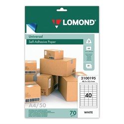 (1024431) Этикетки Lomond 2100195 A4 25.4x48.5мм 40шт на листе/70г/м2/50л./белый матовое самоклей. универсальн - фото 33646