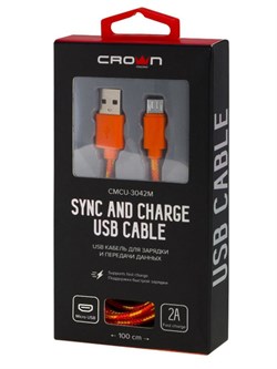 (1025543) Кабель Crown USB - microUSB CMCU-3042M orange; круглый; в тканевой оплётке; коннекторы ПВХ; ток 2А; 100 см; цвет оранжевый - фото 34229