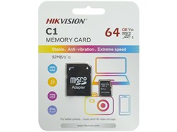 (1028464) Флеш карта microSDHC 64GB Hikvision HS-TF-C1(STD)/64G/Adapter <HS-TF-C1(STD)/64G/Adapter>  (с SD адаптером) R/W Speed 92/30MB/s , V30 - фото 38101