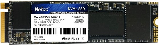 (1031970) Твердотельный накопитель SSD M.2 Netac 500Gb N950E Pro Series <NT01N950E-500G-E4X> Retail (PCI-E 3.1 x4, up to 3500/2200MBs, 3D TLC, DRAM 512Mb, 400TBW, NVMe 1.3, 22х80mm, heatsink) - фото 42433