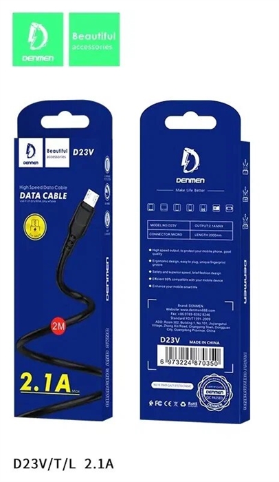 (1032138) USB кабель Denmen D23V на Micro USB 2.1A 2м черный DM23964 - фото 42809