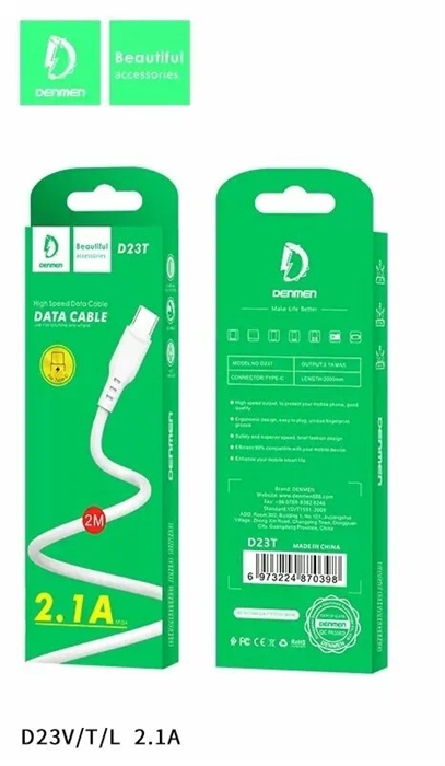 (1032137) USB кабель Denmen D23T на Micro-USB 2.1A 2м белый DM23961 - фото 42816