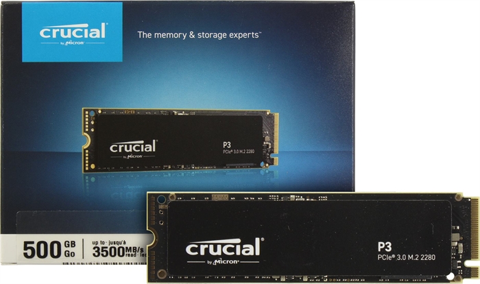 (1038717) SSD M.2 Crucial 500Gb P3 <CT500P3SSD8> (PCI-E 3.0 x4, up to 3500 / 1900MBs, 3D NAND, NVMe, 110TBW, 22х80mm) - фото 48475