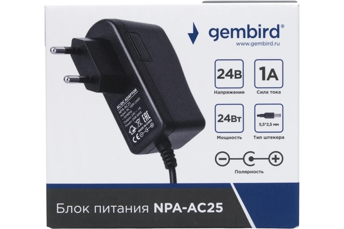 1040181 Блок питания Gembird 24В/1А, 24Вт, 1 штекер 5.5х2.5мм, черный NPA-AC25 - фото 51458