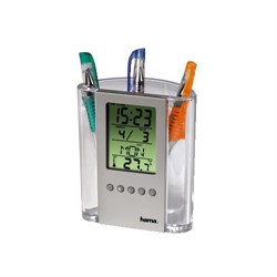 (1001397) Термометр - подставка для ручек, термометр/ часы/ будильник, серебристый/ прозрачный, Hama     [Ox&amp;]
