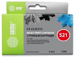 (3330022)  Картридж струйный Cactus CS-CLI521С голубой для принтеров CANON PIXMA MP540/  MP550/  MP620/  MP630/  MP640/  MP660/  MP980/  MP990; iP3600/  iP4600/  iP4700; MX860, 446 стр., 9