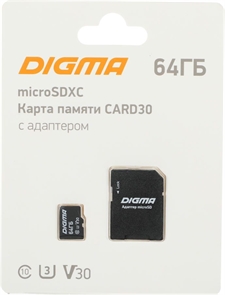 (1033105) Флеш карта microSDXC 64Gb Class10 Digma CARD30 + adapter DGFCA064A03