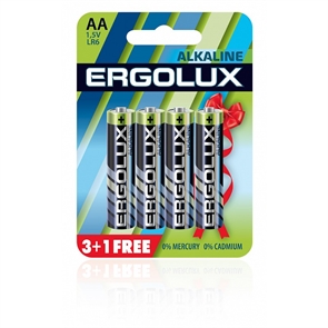 (1034806) Ergolux  Alkaline LR6 BL 3+1(FREE) (LR6 BL3+1, батарейка,1.5В)  (4 шт. в уп-ке)