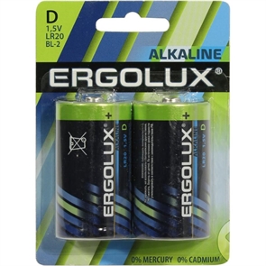 (1036420) Ergolux LR20 Alkaline BL-2 (LR20 BL-2, батарейка,1.5В) (2 шт. в уп-ке)