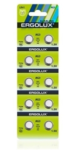 (1037292) Ergolux AG 3  BL-10 (AG3-BP10, LR41 /LR736 /192 /392 батарейка для часов) (10 шт. в уп-ке)