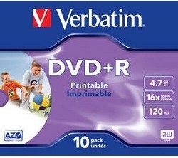 (1033590) Диск DVD+R Verbatim 4.7Gb 16x Jewel case (1шт) Printable (43508)