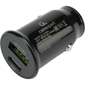 (1041375) Cablexpert Автомобильное зарядное устройство 20Вт, 3А, QC3.0/PD, 1xUSB, 1xType-C, черный, пакет (MP3A-UC-CAR23) MP3A-UC-CAR23