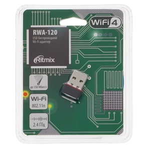 (1041643) RITMIX RWA-120 USB Беспроводной WIFI адаптер 2.4ГГц, IEEE802.11b/g/n, скорость до 150Мбит/с. Чипсет RealTek RTL8188. Внутренняя антенна. Нано-размер. Совместимость с Linux, MacOS 10.15, Windows XP/Vista/7/8/8.1/10/11XP/Vista/7/8/8.1/10/11 RITMIX RWA-120