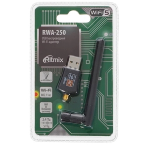(1041646) RITMIX RWA-250 USB Беспроводной WIFI адаптер 2.4ГГц, IEEE802.11b/g/n/ac, скорость до 433Мбит/с. Чипсет RealTek RTL8811CU. Внешняя антенна, 2дБи, съемная, SMA-коннектор. Нано-размер. Совместимость с Linux, MacOS 10.15, Windows XP/Vista/7/8/8 RITMIX RWA-250