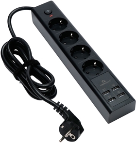 1042506 Сетевой фильтр Cablexpert Exnovo 4р, 16А, 4хUSB, 3.4A, 2м, ур.защиты 4+, черный, коробка EXN-4-U4-B-2