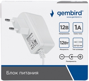 1042423 Блок питания Gembird 12В/1А, 12Вт, 1 штекер 5.5х2.5мм, белый NPA-AC41