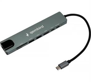 1042449 Док-станция Type-C Gembird 8в1: USB3.1, PD100W, SD/TF, HDMI, RJ45, USB2.0, Type-C,кабель 20см, алюм UHB-D3