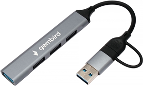 1042501 Разветвитель USB3.0/2.0 Gembird, USB3.0, 3xUSB2.0, кабель Type-C+USB 10см, алюминий, пакет UHB-C204