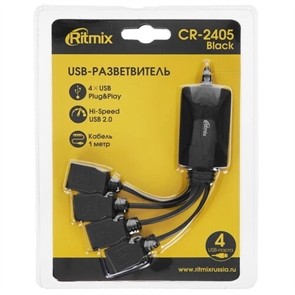 (1042633) RITMIX CR-2405 black Разветвитель USB (USB хаб) настольный, кабель 1м, на 4 порта USB, High speed USB 2.0, Plug-n-Play, питание от USB, 5В, скорость до 480 Мбит/с, поддержка Winows 2000, XP, Vista, 7, 8, Me, Mac OS 9.1 и выше, Linux 2.4.2 RITMIX CR-2405 black