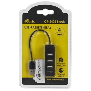 (1042632) RITMIX CR-2402 black Разветвитель USB (USB хаб) настольный, кабель, на 4 порта USB, High speed USB 2.0, Plug-n-Play, питание от USB, 5В, скорость до 480 Мбит/с, поддержка Winows 2000, XP, Vista, 7, 8, Me, Mac OS 9.1 и выше, Linux 2.4.2 RITMIX CR-2402 black
