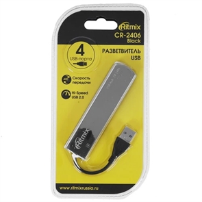 (1042634) RITMIX CR-2406 black Разветвитель USB (USB хаб) настольный, кабель, на 4 порта USB, High speed USB 2.0, Plug-n-Play, питание от USB, 5В, скорость до 480 Мбит/с, поддержка Winows 2000, XP, Vista, 7, 8, Me, Mac OS 9.1 и выше, Linux 2.4.2 RITMIX CR-2406 black